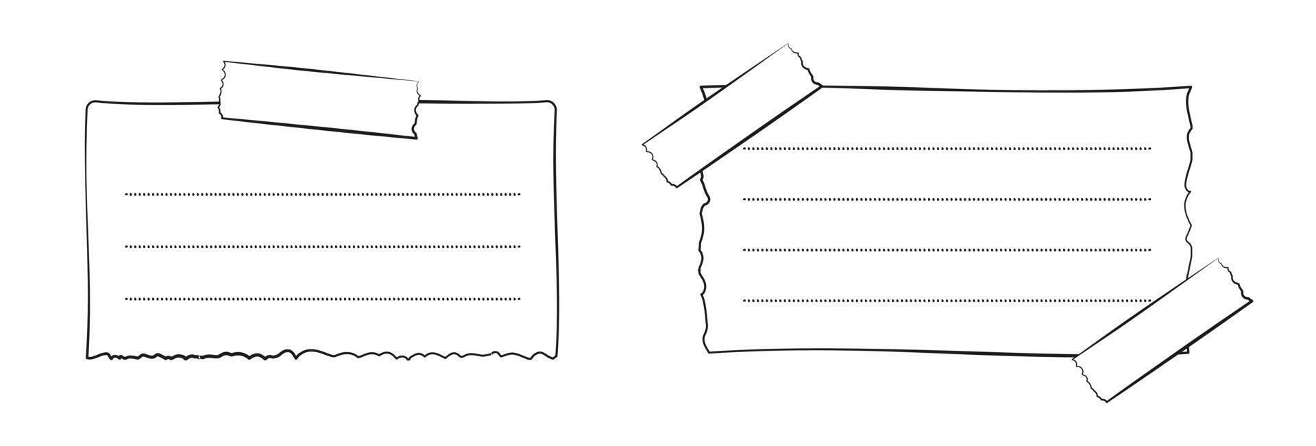 Hand drawn memo paper sheet collection, sticky note set, reminder, to do list, sticky tape. Bullet journal elements in line art doodle style. vector