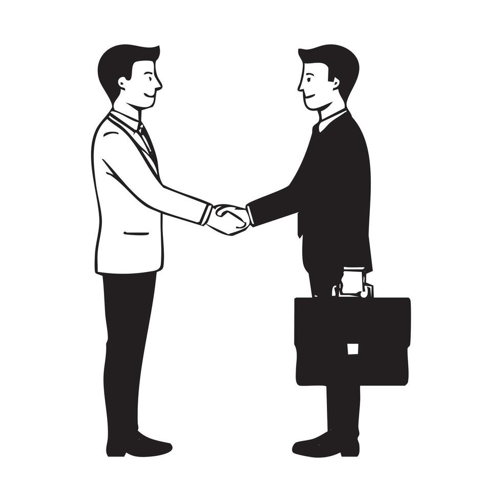 Two businessmen in suits shaking hands depicting agreement and partnership on white vector