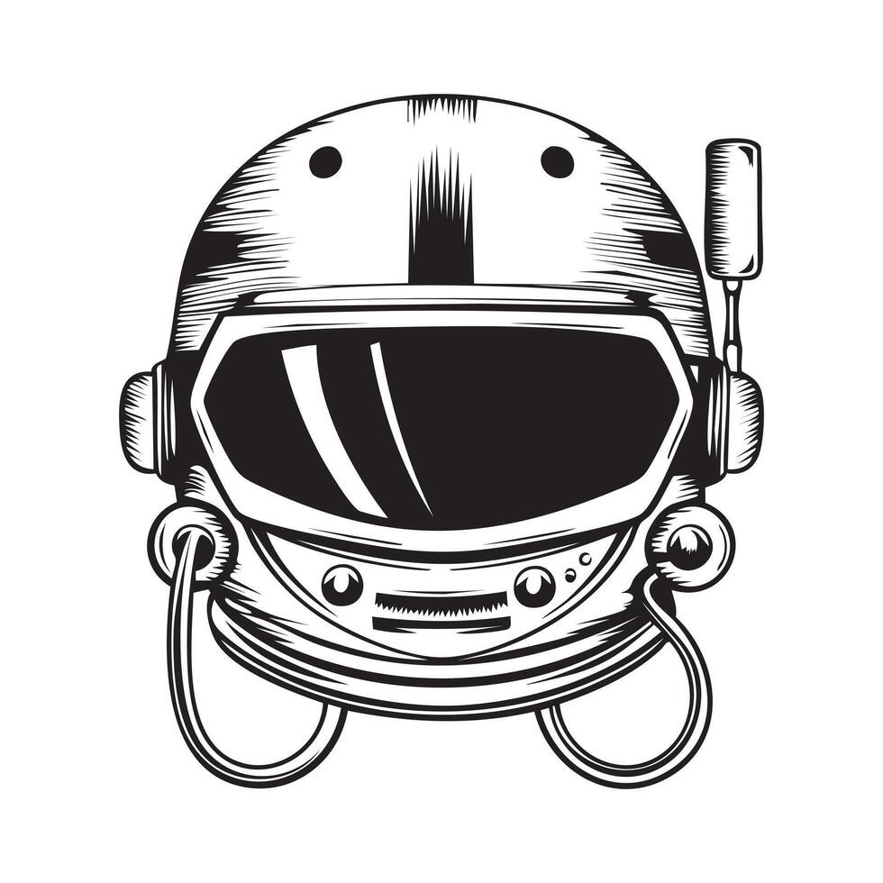 Detailed black and white illustration of a classic space astronaut helmet with vintage style vector