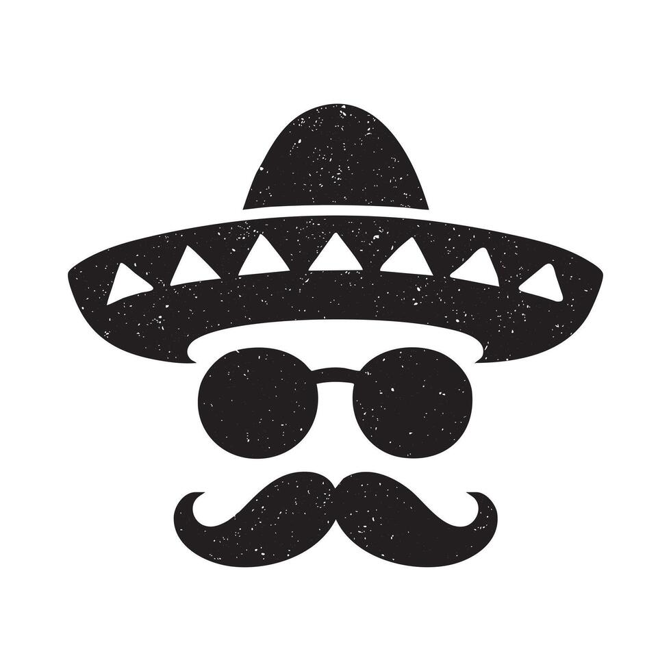 Stylized mexican character design with sombrero sunglasses and mustache in textured style vector