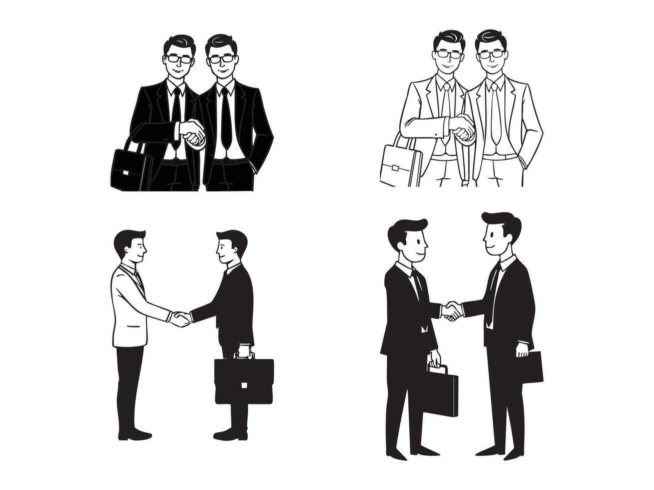 Illustrations of businessmen shaking hands representing agreement collaboration partnership success in business vector