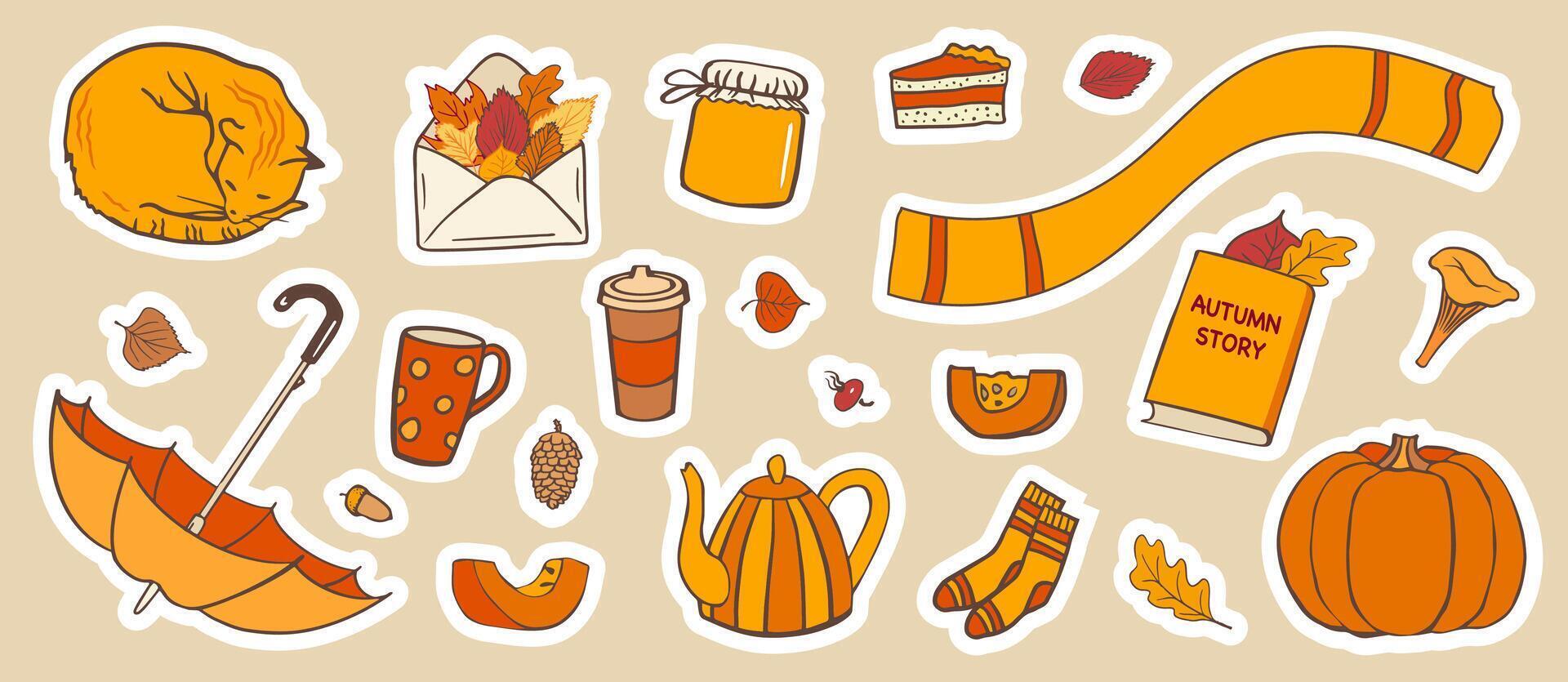 cozy autumn sticker set includes warm seasonal items like a sleeping cat, scarf, tea, pumpkin, leaves, pie, and a book. Ideal for planners, digital scrapbooks, social media, or fall decor projects. vector