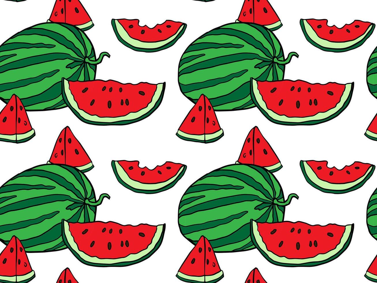 Seamless watermelon pattern with whole fruits and slices in a playful cartoon style. Perfect for summer textiles, packaging, wrapping paper, and kids' designs. vector