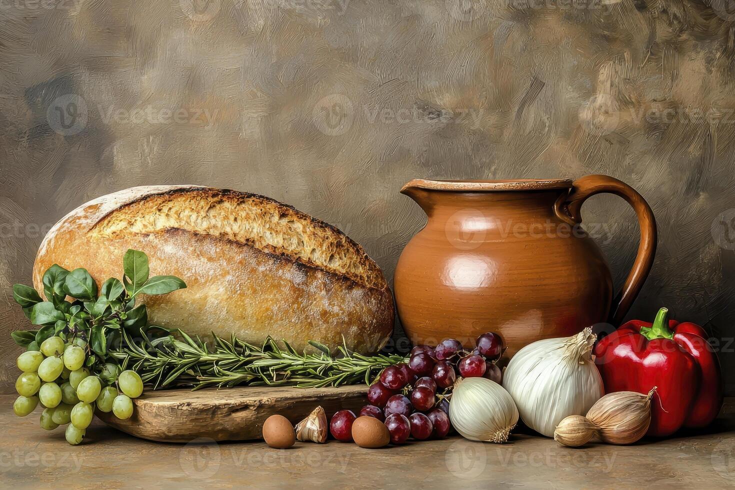 Rustic Still Life with Bread and Terracotta Pitcher photo