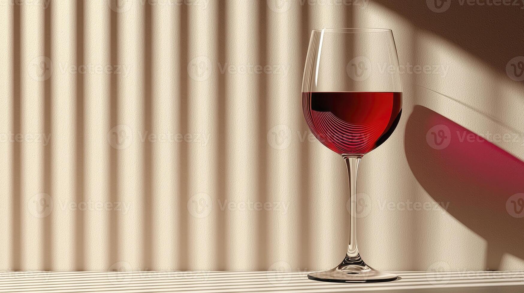 Red Wine Glass in Sunlight Minimalist Setting with Beige Background photo
