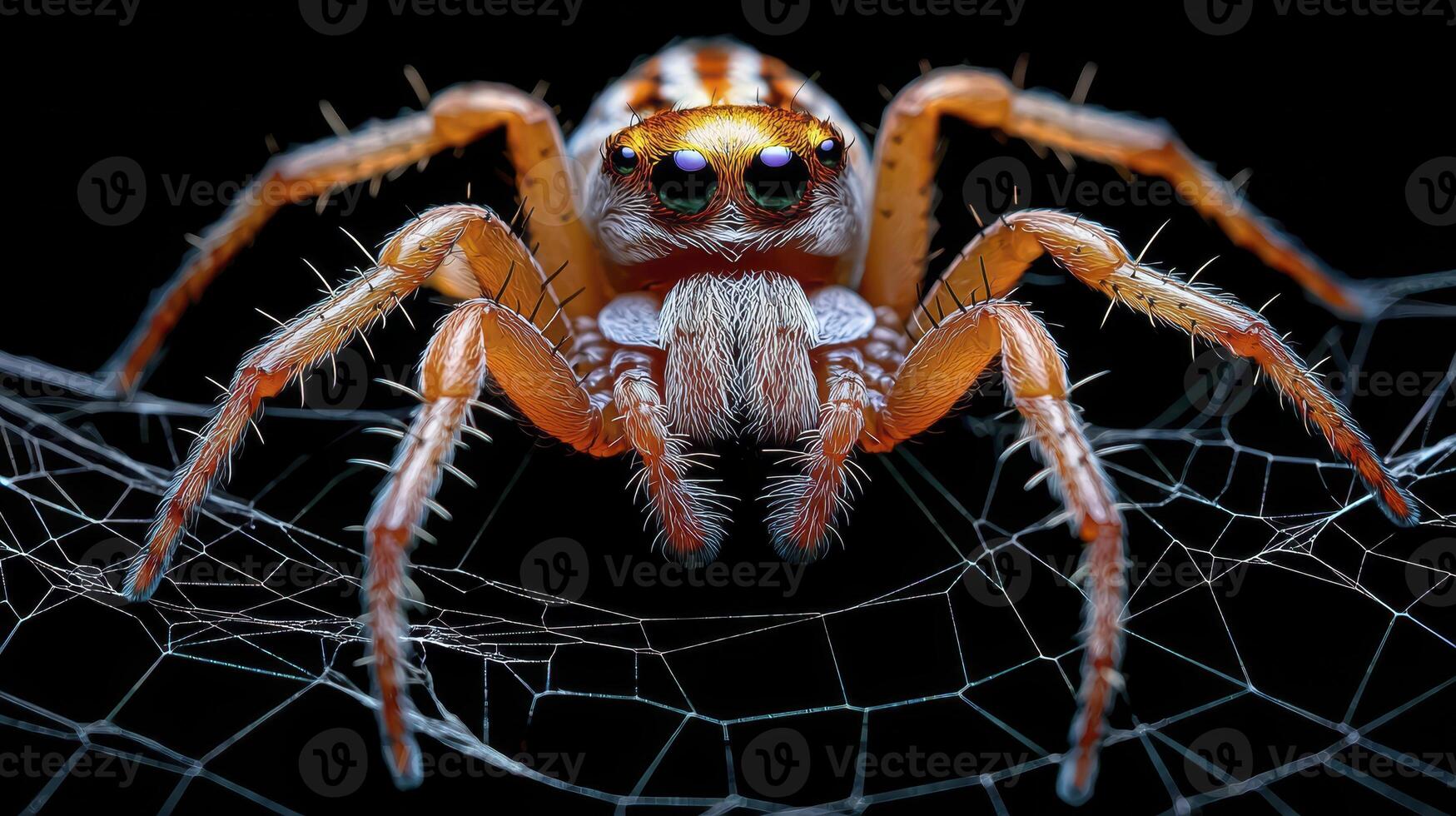 Detailed Macro Photograph of an Orange and White Spider on a Delicate Web with Black Backdrop photo