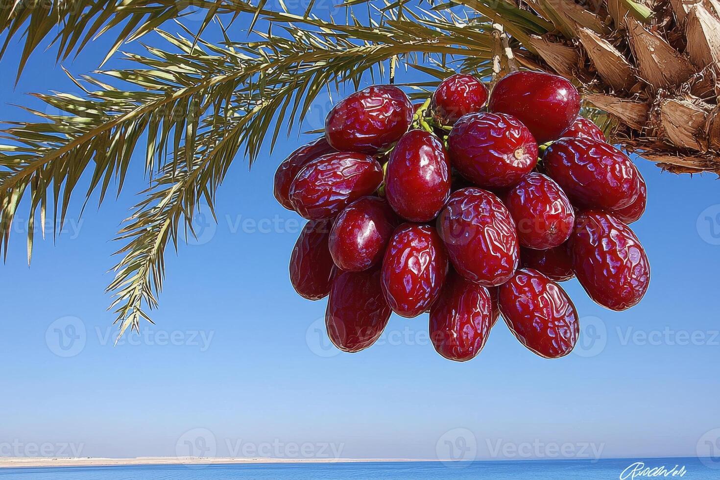 Ripe Red Dates Hanging from Palm Tree by Ocean photo