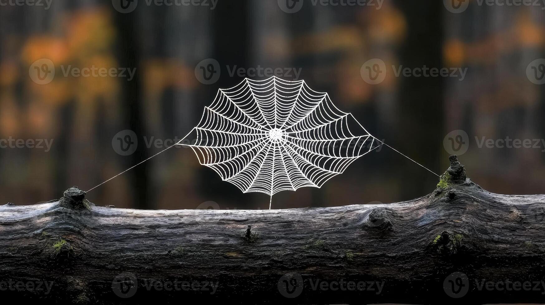 Delicate Dew Covered Spiderweb in Autumn Forest photo