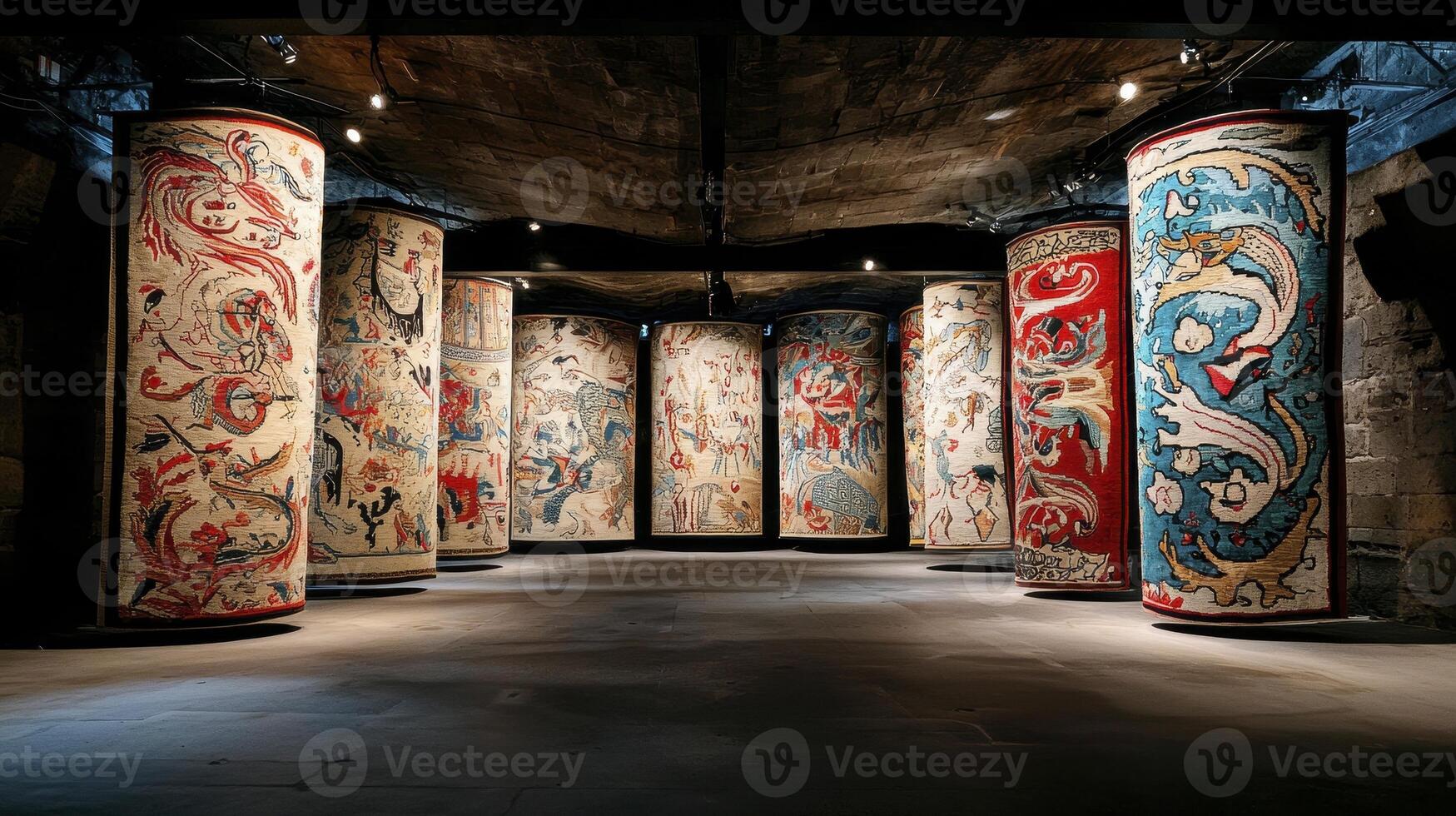 Intricate Tapestries on Cylindrical Displays in a Stone Vault photo