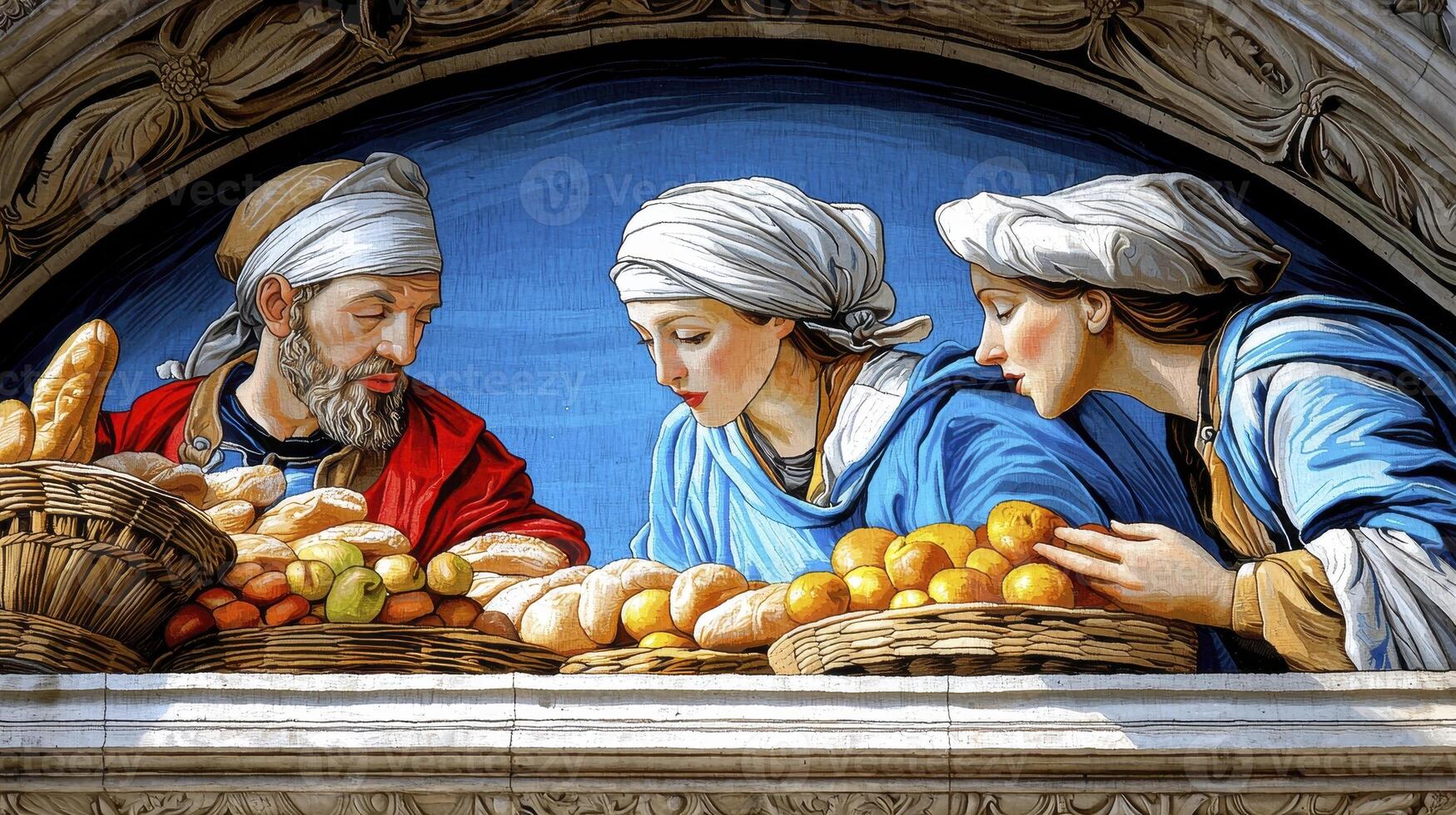 Detailed Mosaic Artwork Depicting Figures Examining Fruit and Bread photo