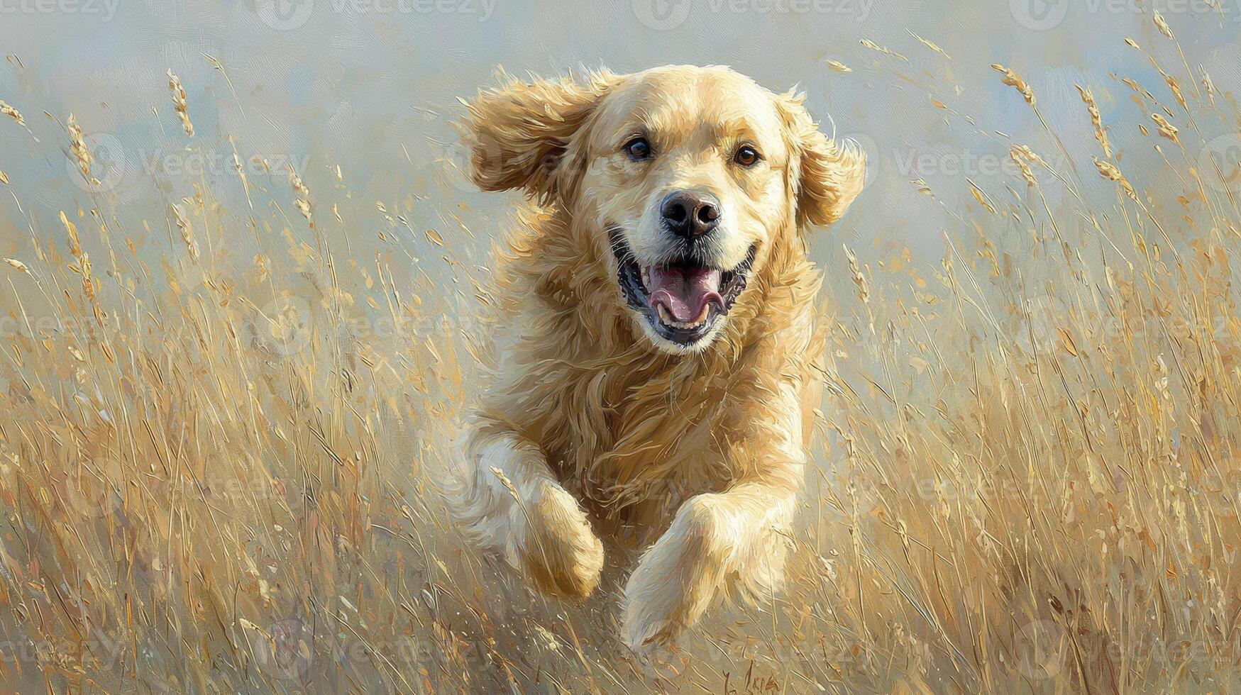 Joyful Golden Retriever Running Through a Golden Wheat Field photo