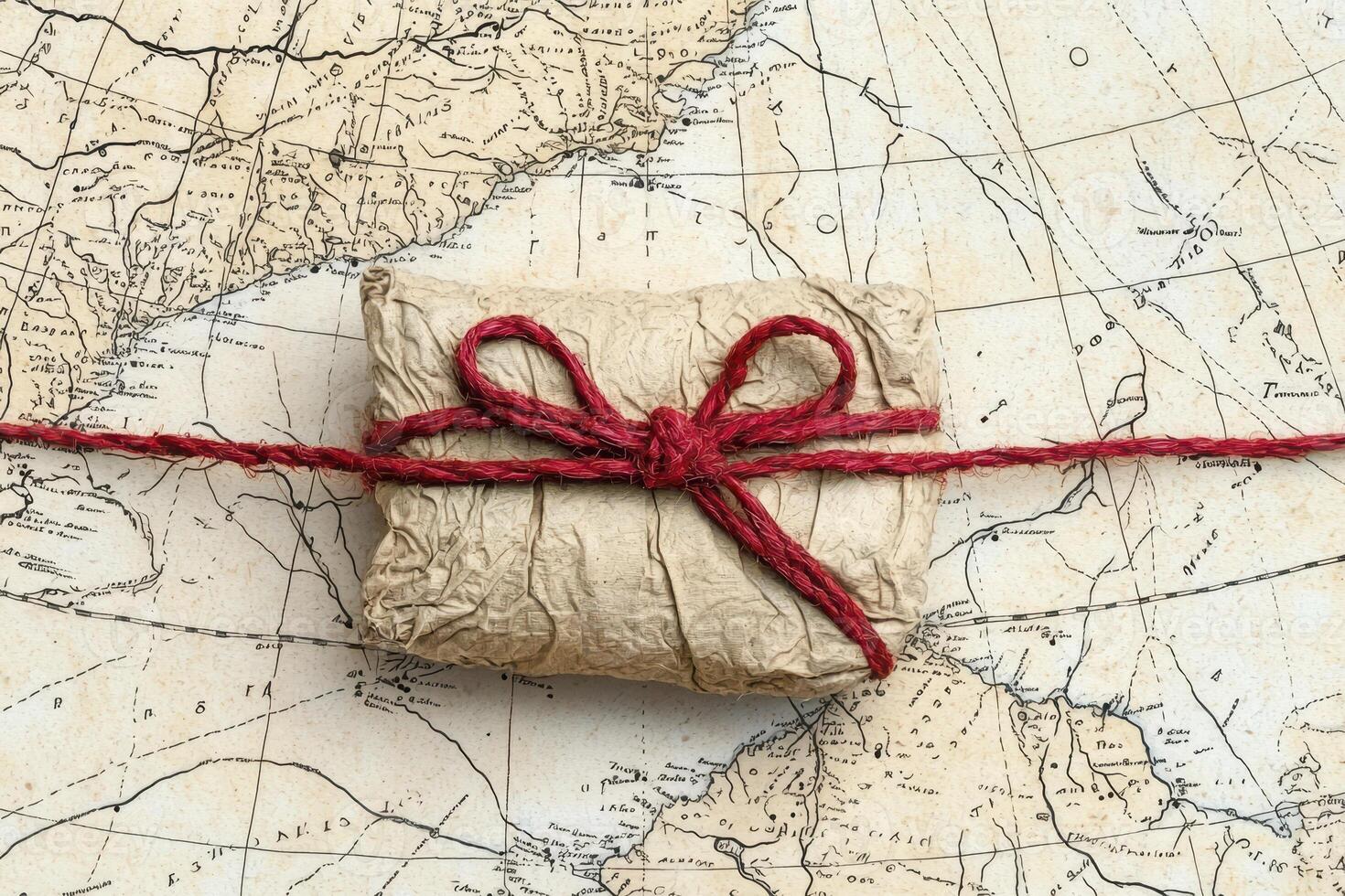 Rustic Wrapped Gift with Red Ribbon on Antique Map photo