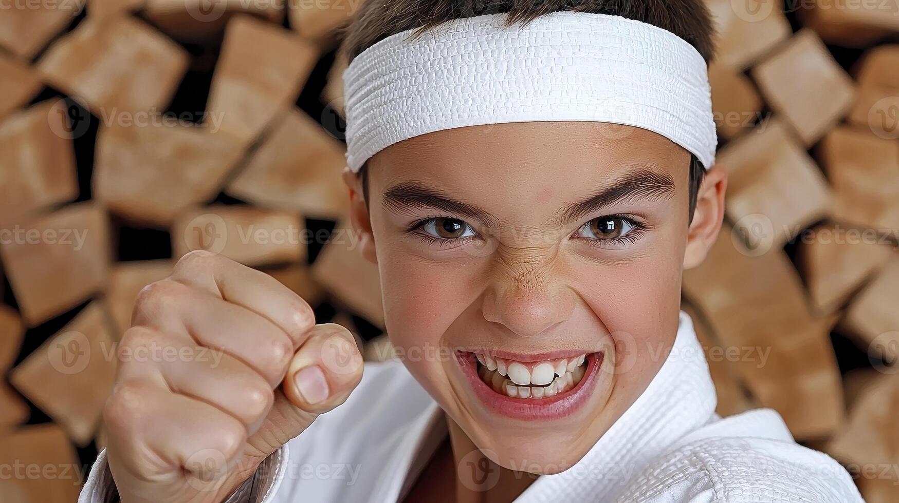 Freckled Boy in Karate Gi With Determined Expression photo