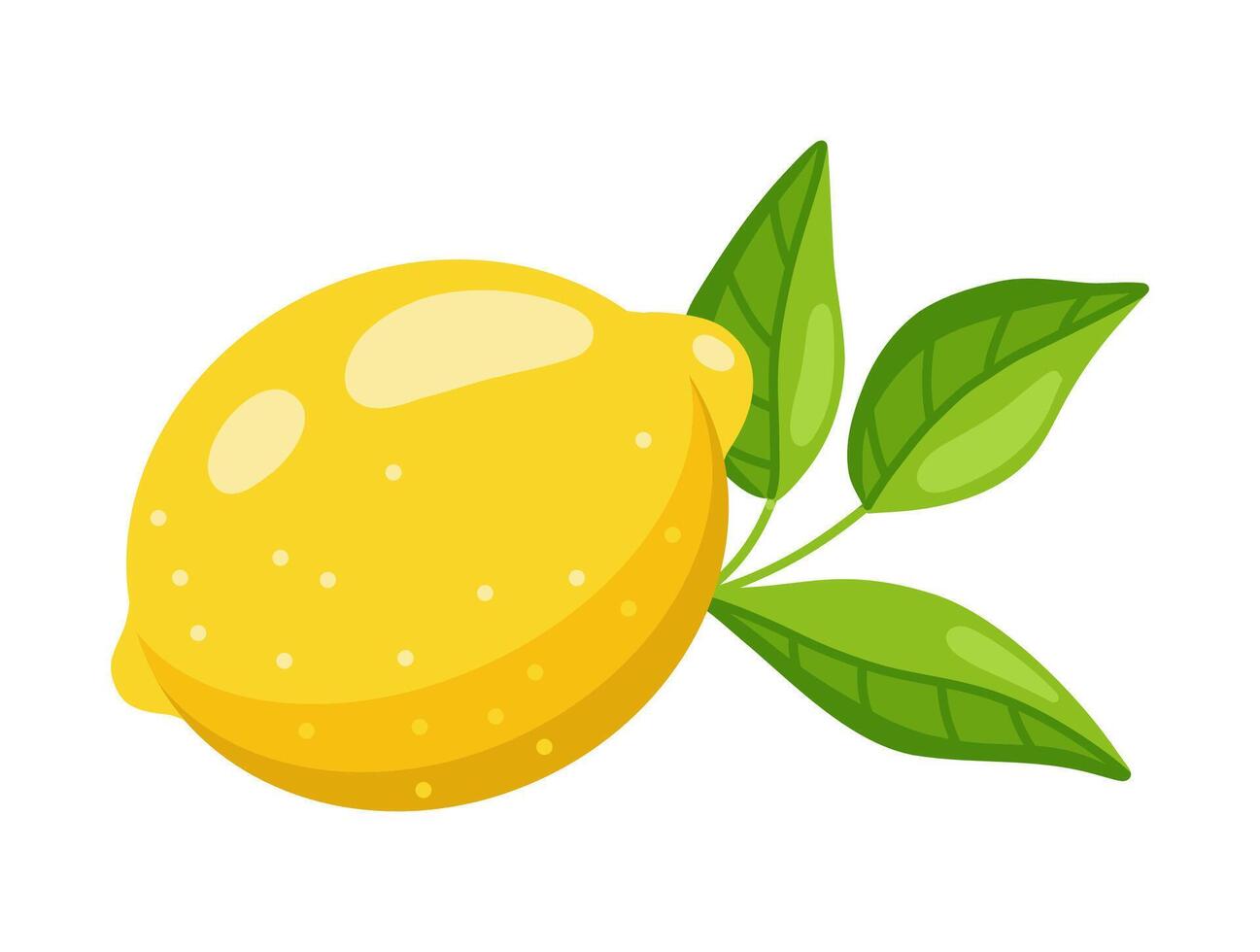 Flat style illustration of a fresh yellow lemon with a green leaf, isolated on white background, vibrant and minimalistic vector