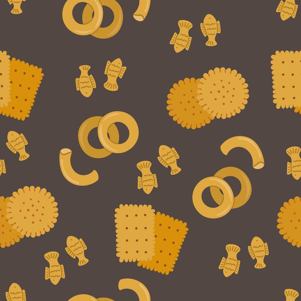 Seamless Pattern with Crackers and Bagels, Flat on Dark Background vector