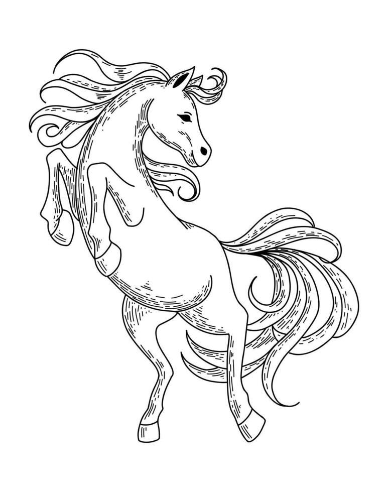 Rearing Horse in Motion, Black and White Hatched Illustration vector