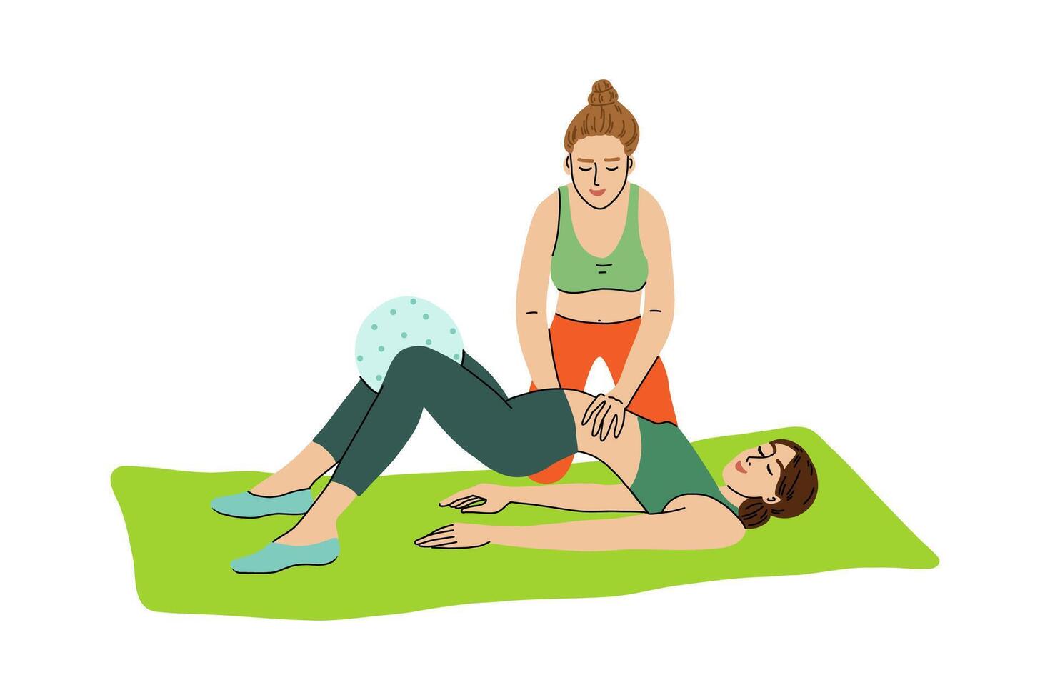 Flat illustration of a personal fitness trainer assisting a woman during abdominal exercise with ball, isolated on a white background. Modern workout concept in flat style. vector