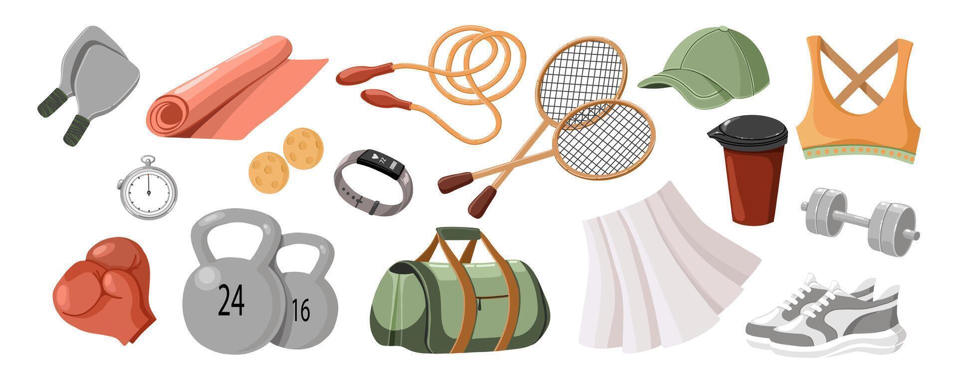 Flat style set of sports equipment and clothing, including shoes, dumbbells, gloves, stopwatch, and accessories on white background. vector