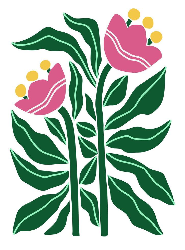 Flat illustration inspired by Henri Matisses cut out style, featuring bold abstract pink flowers and green leaves in vibrant colors, hand drawn and arranged on a clean white background. vector