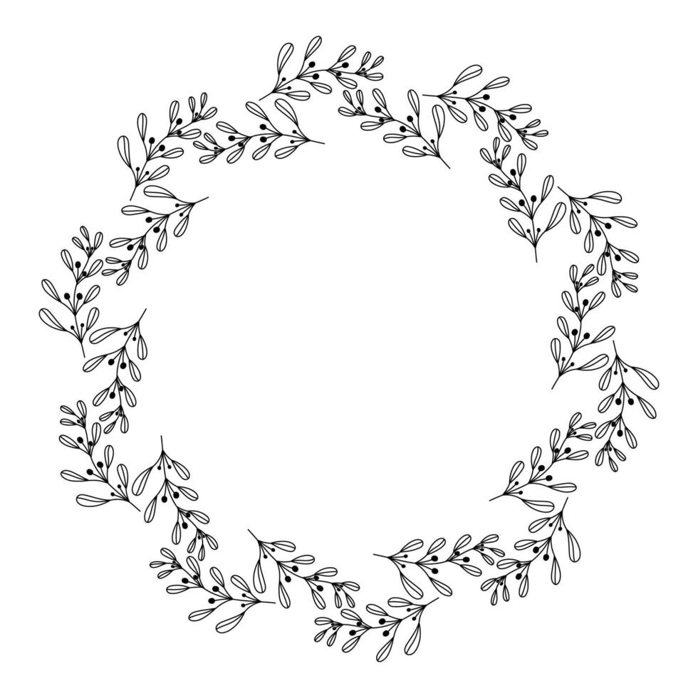 illustration of isolated circular wreath in doodle style branches in a loose hand drawn design, isolated on white background. vector