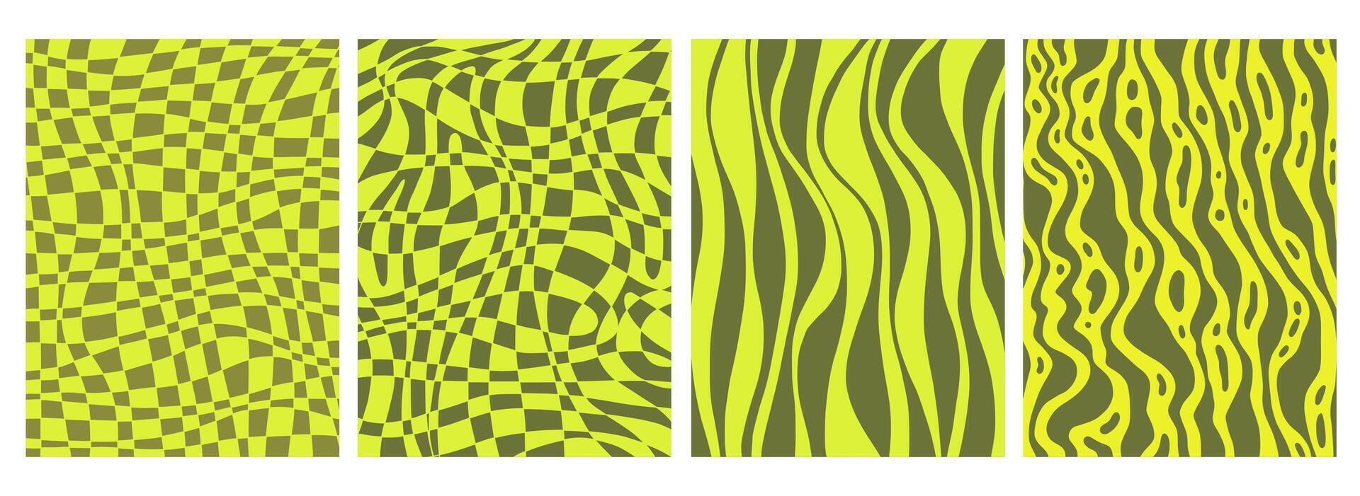 Set of abstract backgrounds, psychedelic checkerboard and wavy neon pattern vector