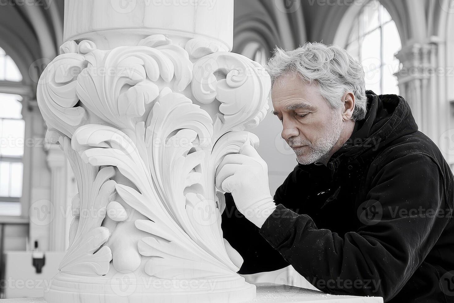 Man Examining Intricate White Stone Column Carving in Grand Hall photo