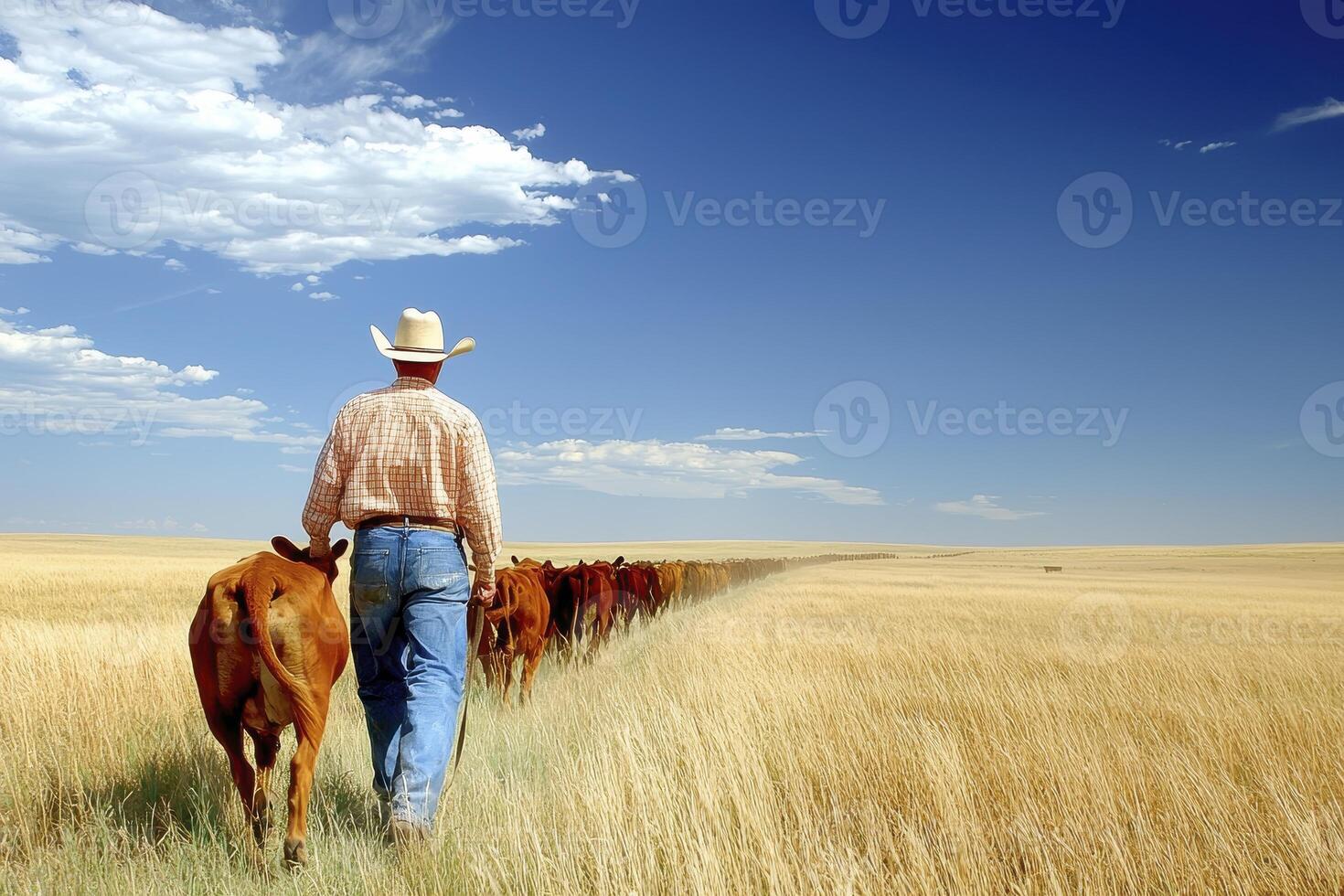 Rancher Guiding Cattle Across Golden Wheat Field Under Blue Sky photo