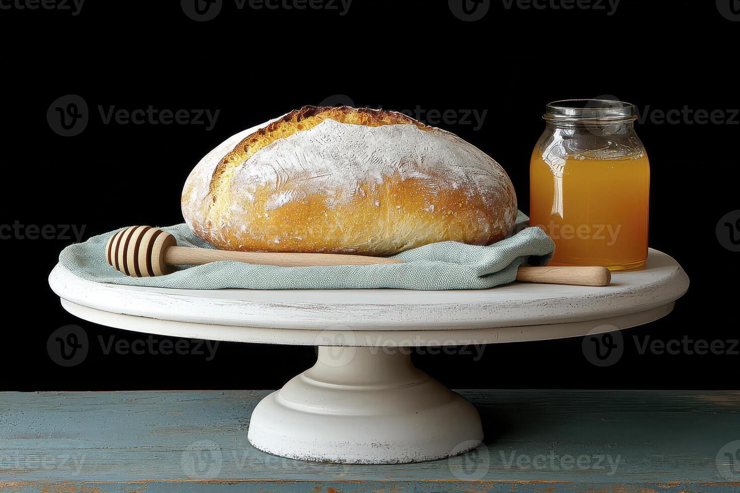 Golden Sourdough Bread with Honey on Rustic Cake Stand photo