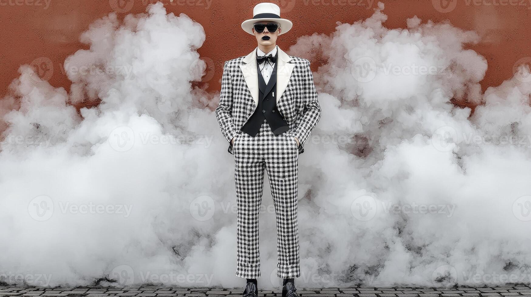 Monochromatic Fashion Man in Checkered Suit Amidst Smoke Against Red Brick Wall photo