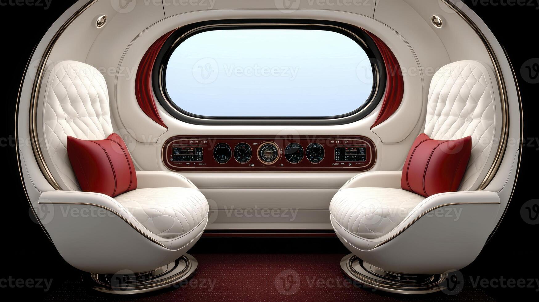 Futuristic Luxury Interior White Egg Chairs and Red Pillows photo