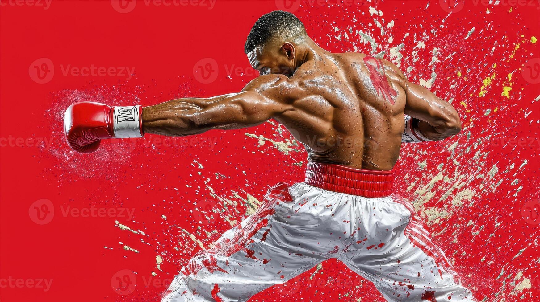 Powerful Boxer Throwing Punch Red Background Paint Splatter photo
