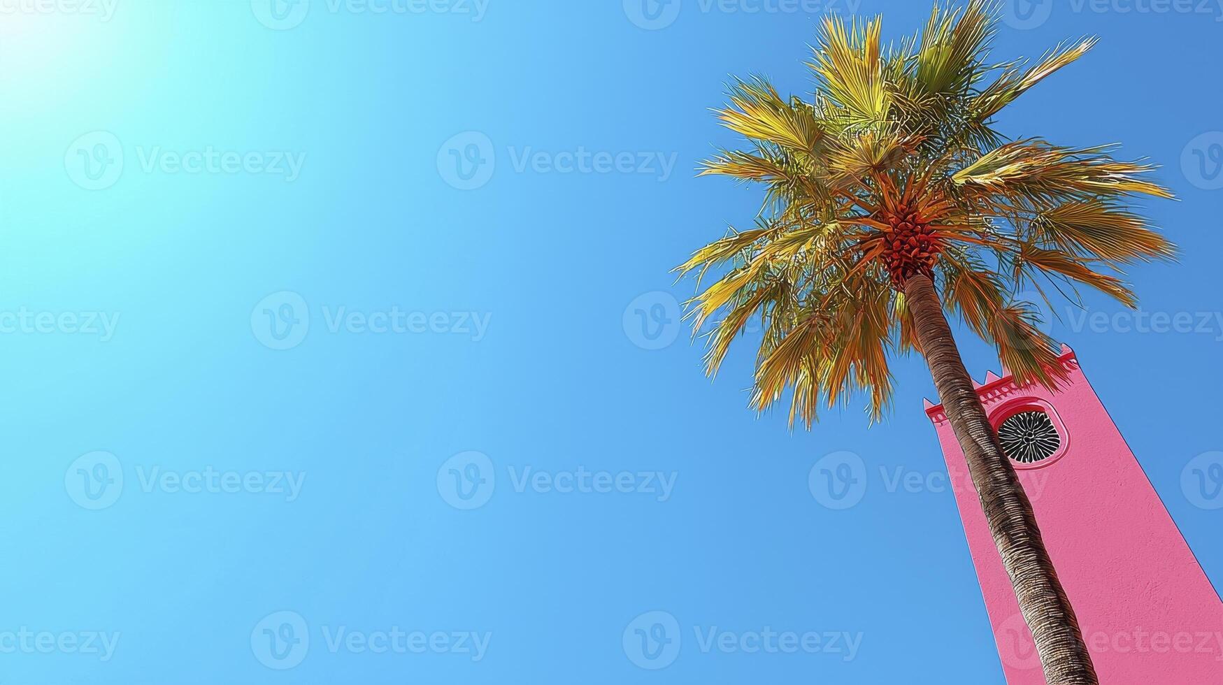 Palm Tree and Pink Tower Under Sunny Sky photo