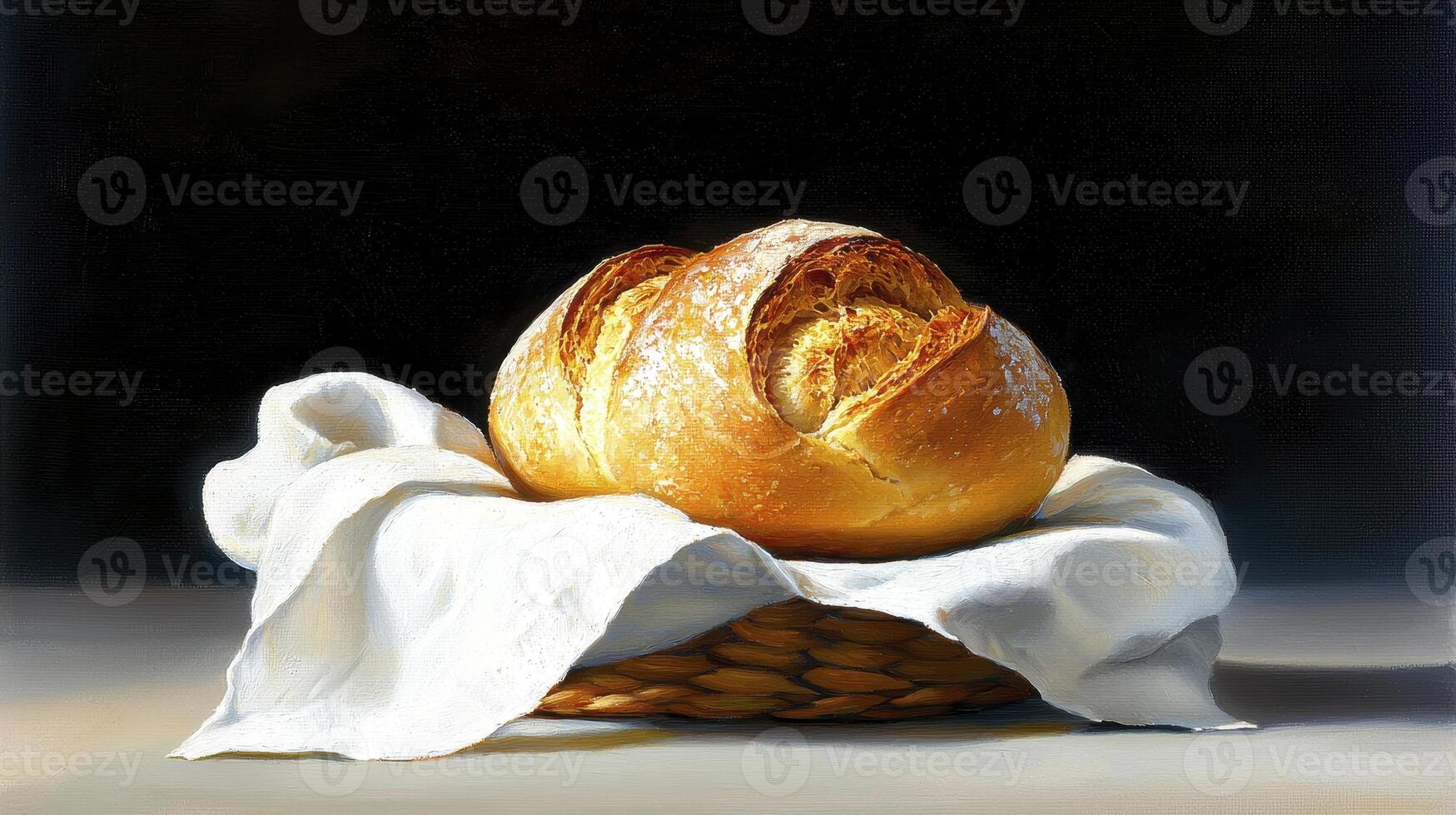 Golden Crusty Bread Loaf on White Linen, Dark Background photo