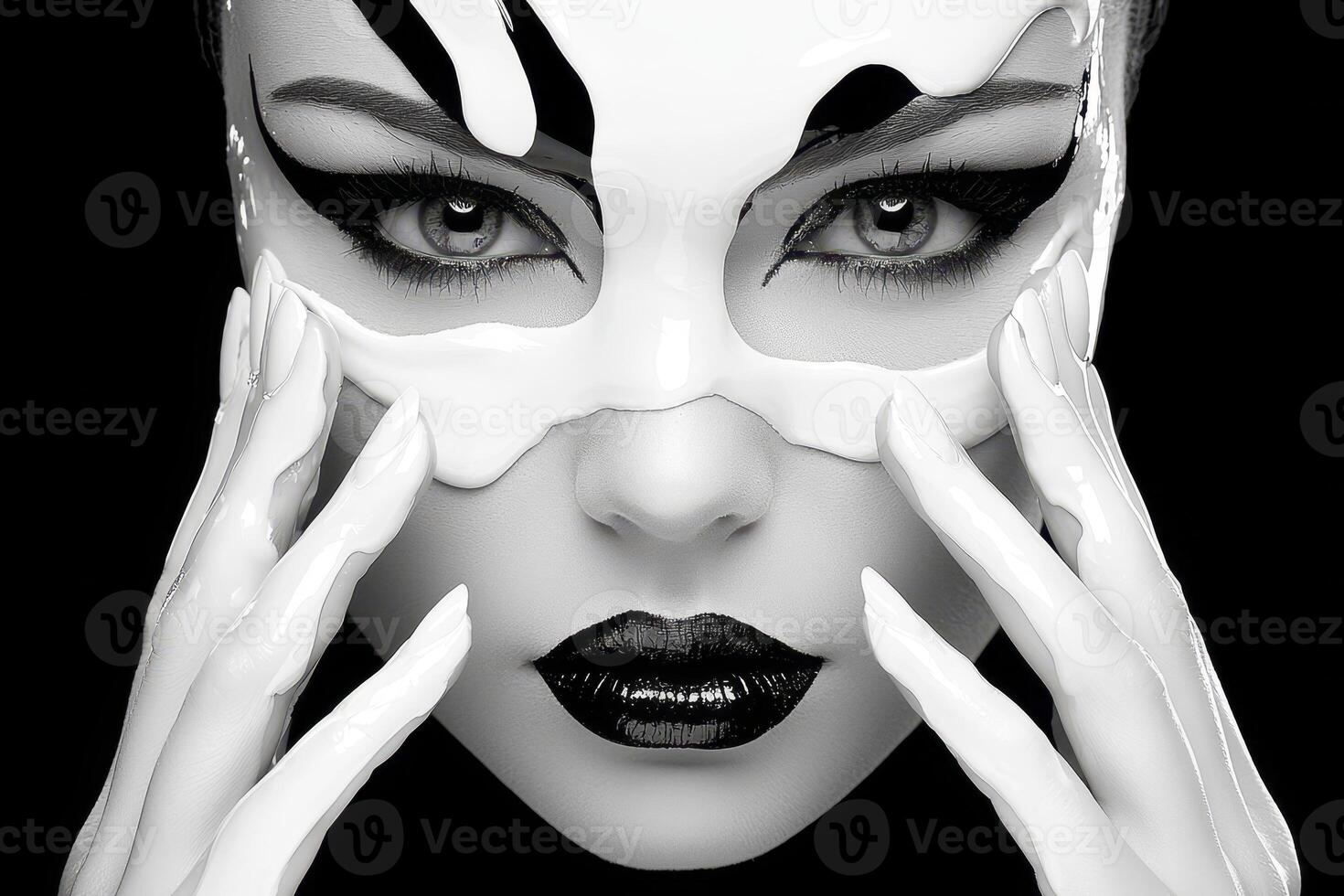 Monochrome Portrait of Woman with Textured White Mask photo