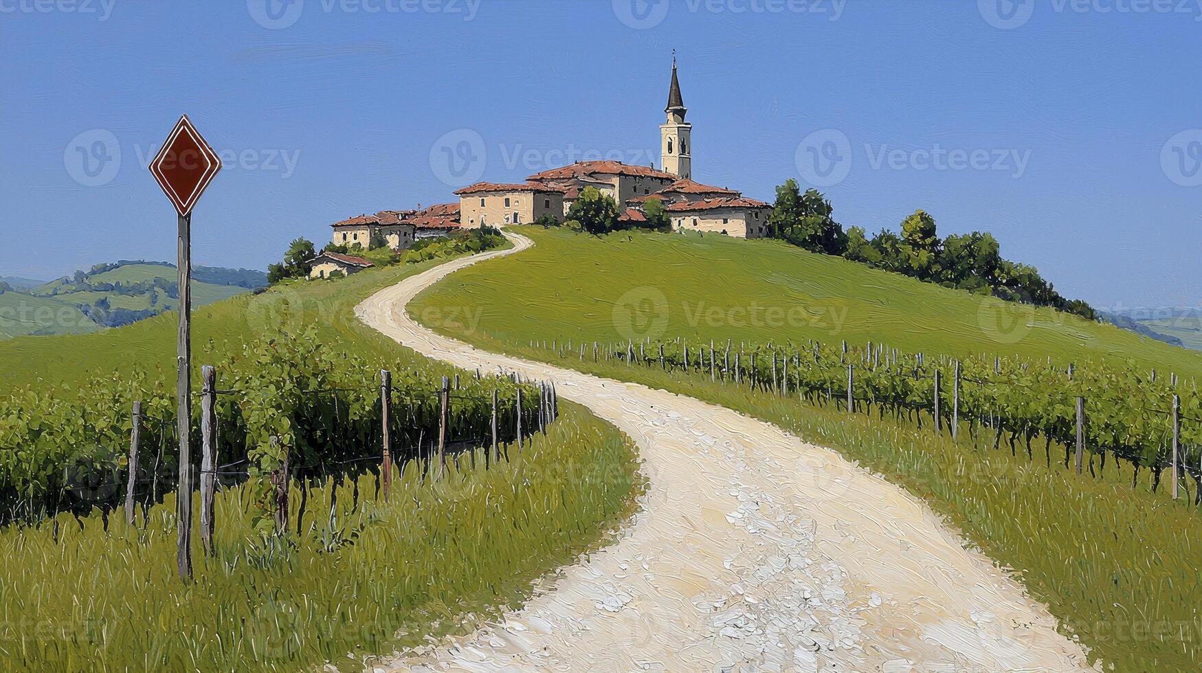 Hilltop Village and Winding Road Through Lush Vineyards photo