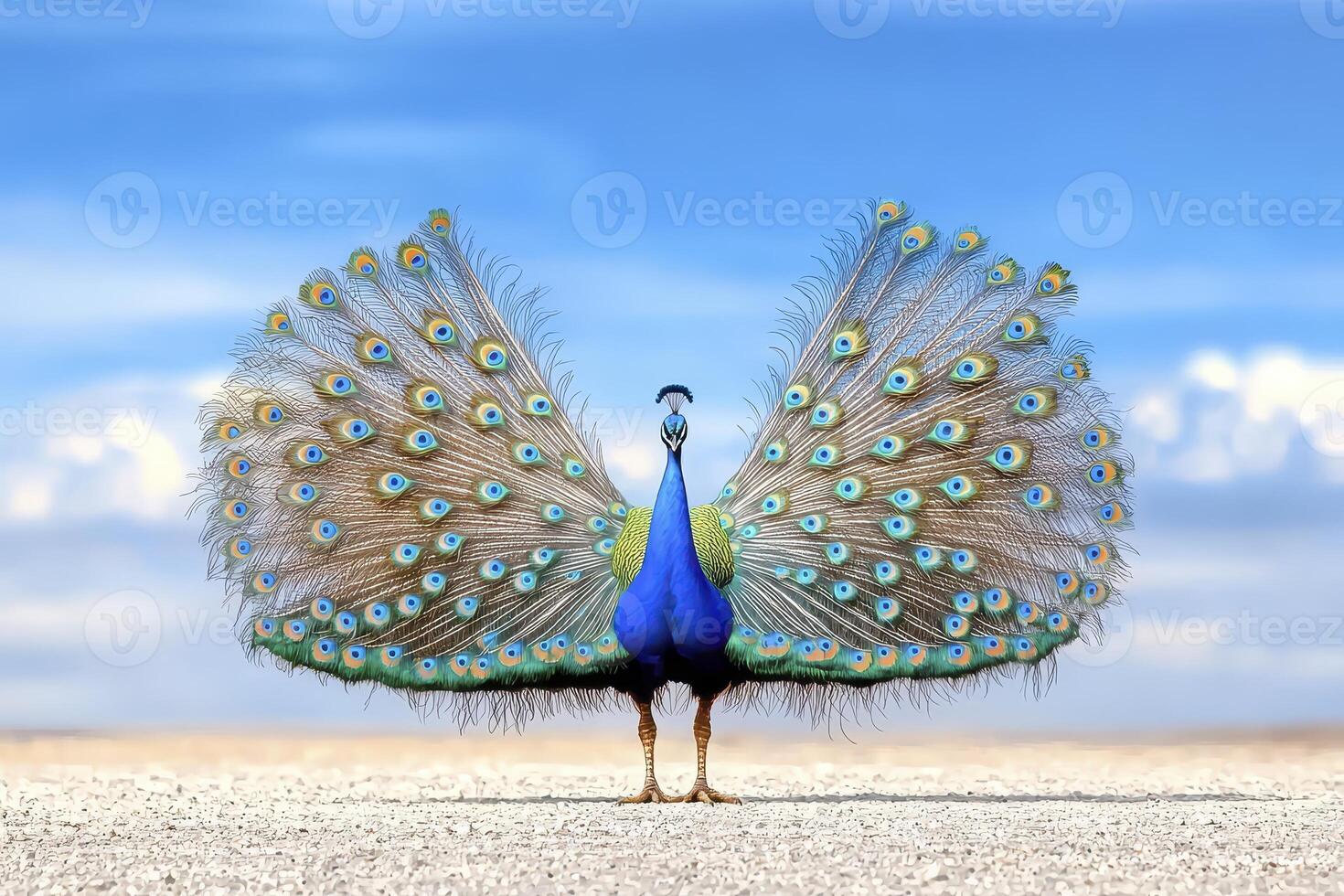 Majestic Peacock Displaying Iridescent Plumage Under a Clear Blue Sky photo