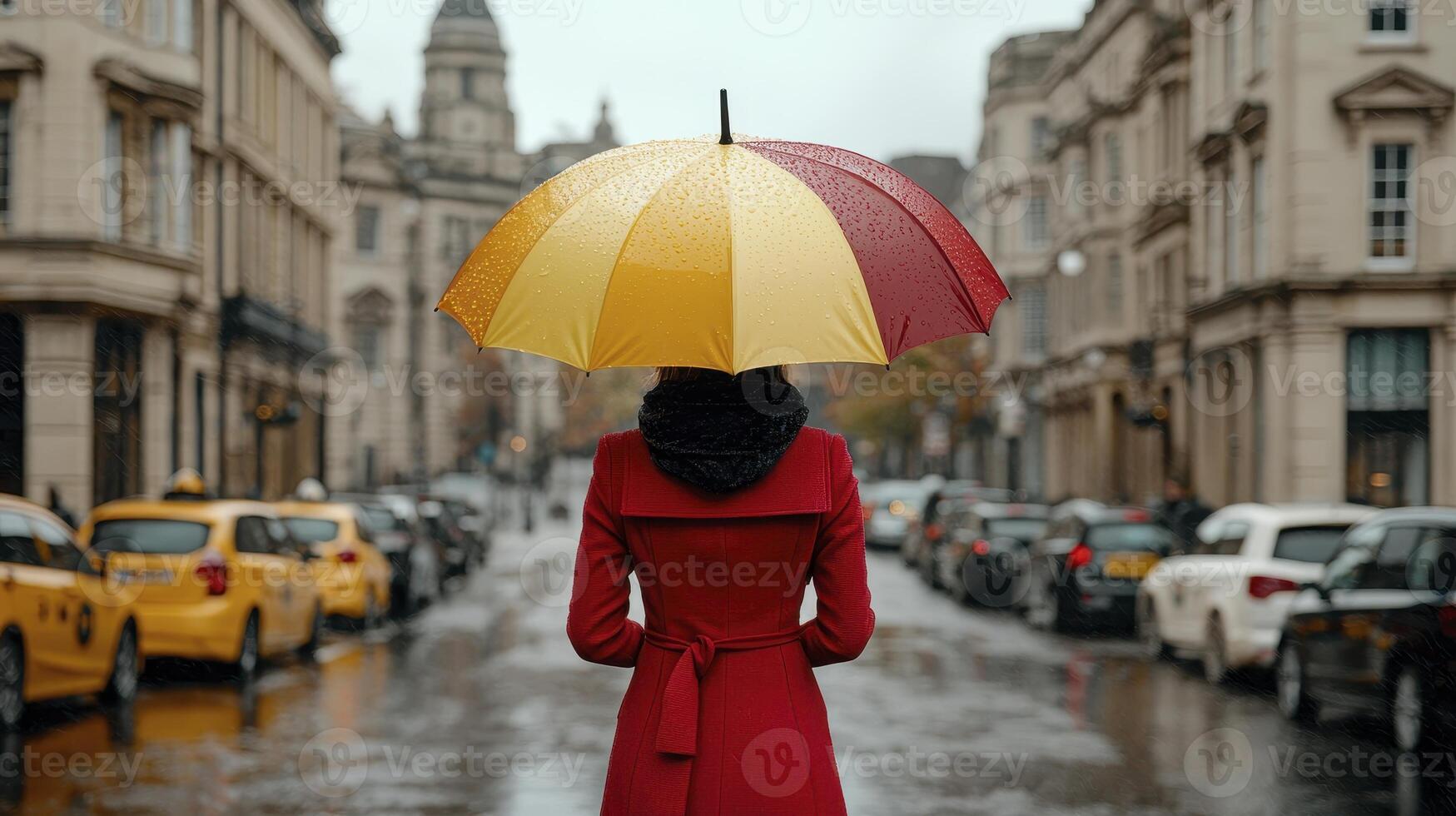 Rainy City Street Woman in Red Coat with Multicolored Umbrella photo