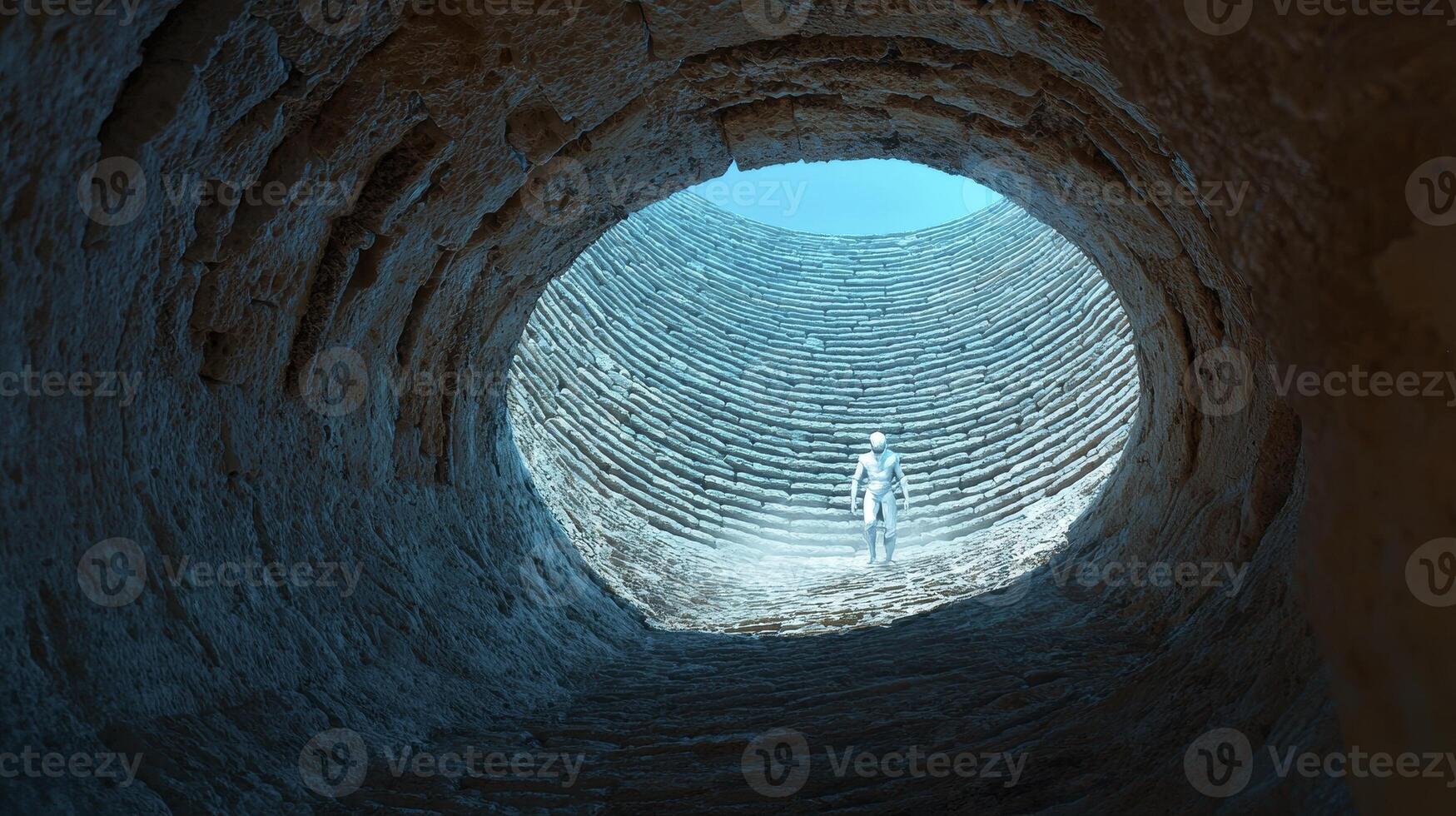 Person in White Suit Exploring a Textured Circular Opening to a Bright Blue Sky photo