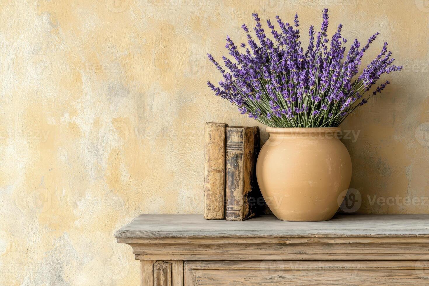Lavender Bouquet and Antique Books on Rustic Mantelpiece photo