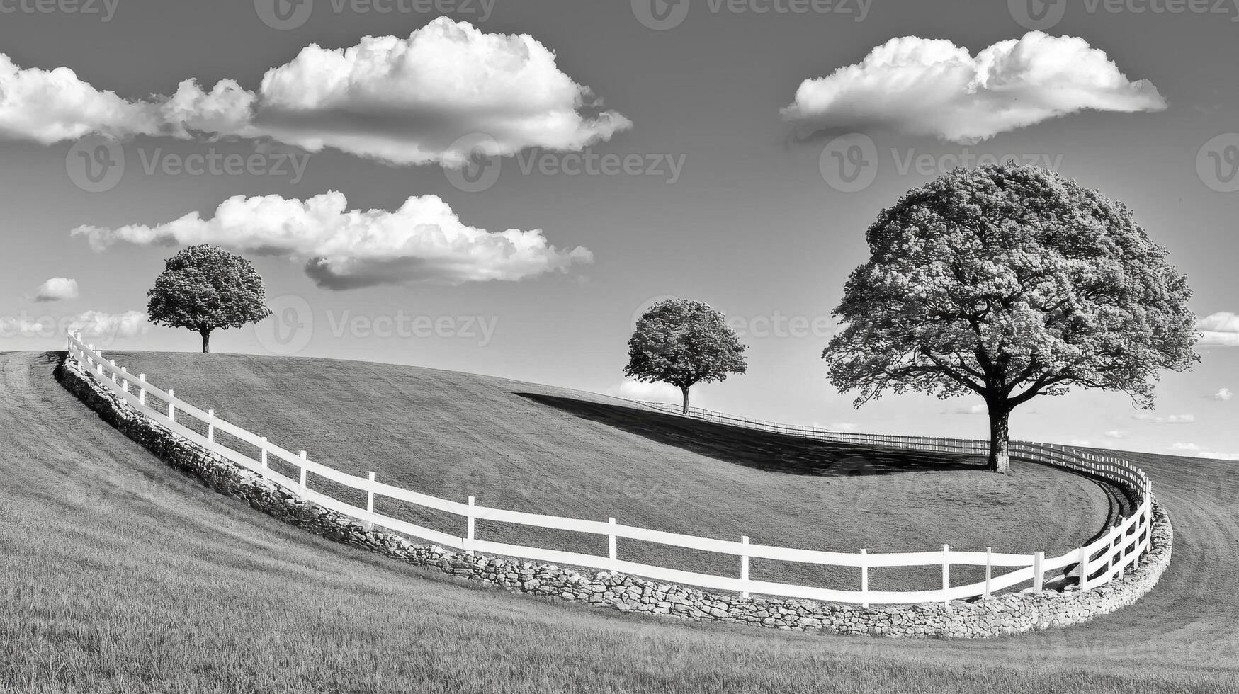 Serene Monochrome Landscape Rolling Hill with White Fence and Trees photo