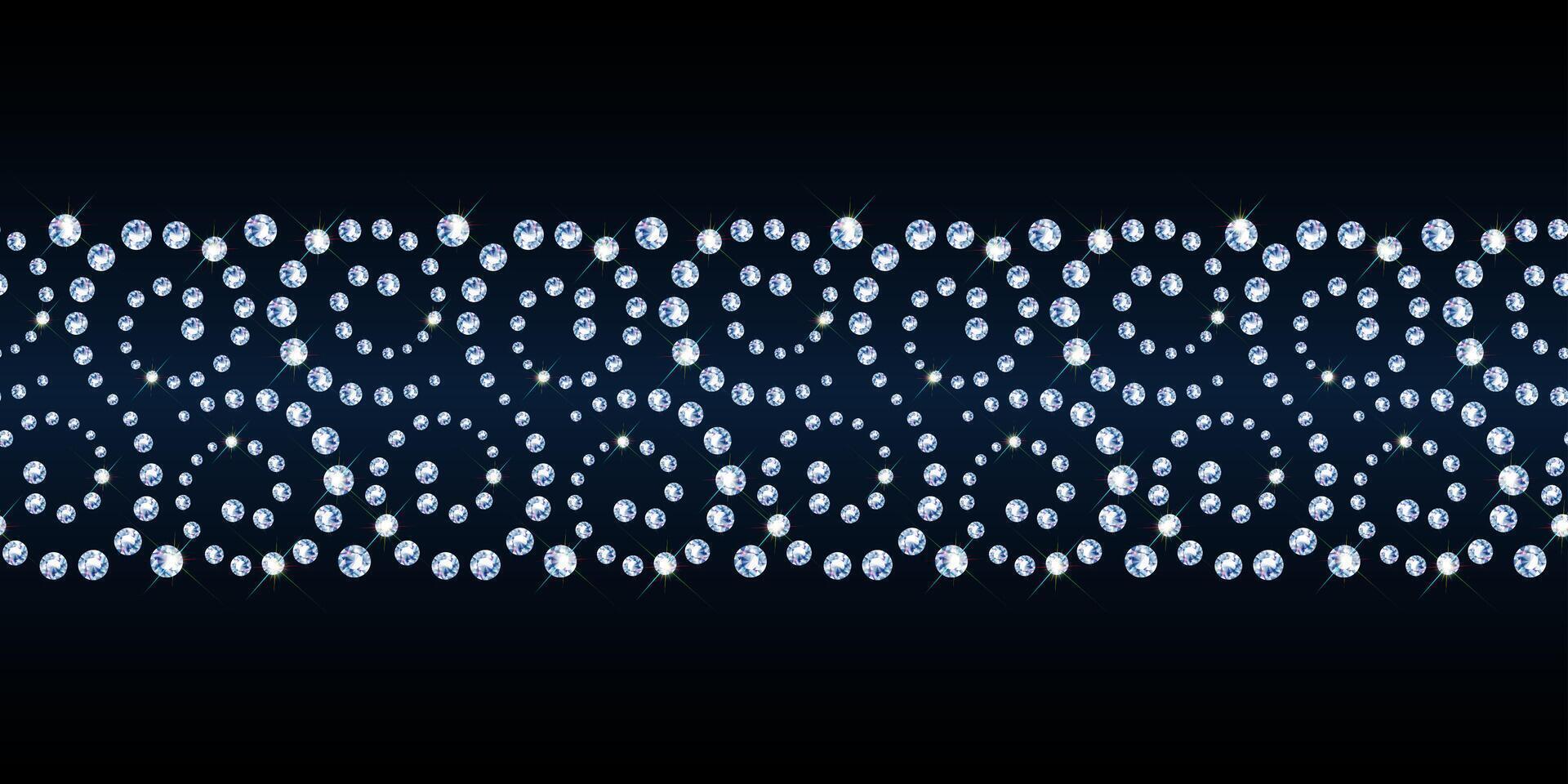 Horizontal border of realistic diamonds on black background. Jewelry design swirls with shiny diamonds. vector