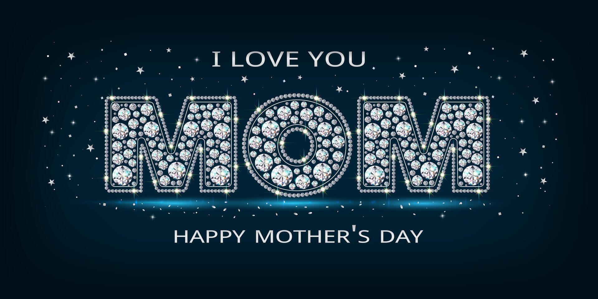Blue background with diamond word love you mom. vector