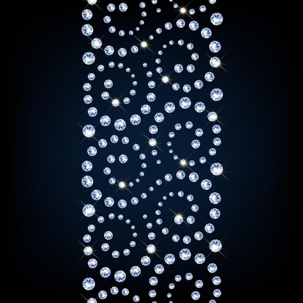 Vertical border of realistic diamonds on black background. Jewelry design swirls with shiny diamonds. Banner, poster, gift card, invitation template. . vector