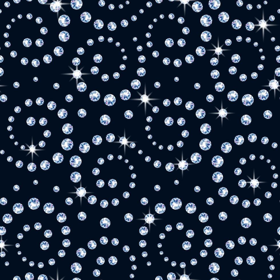 Seamless pattern made of realistic diamonds on a black background. Jewelry design curls with shiny diamonds. vector