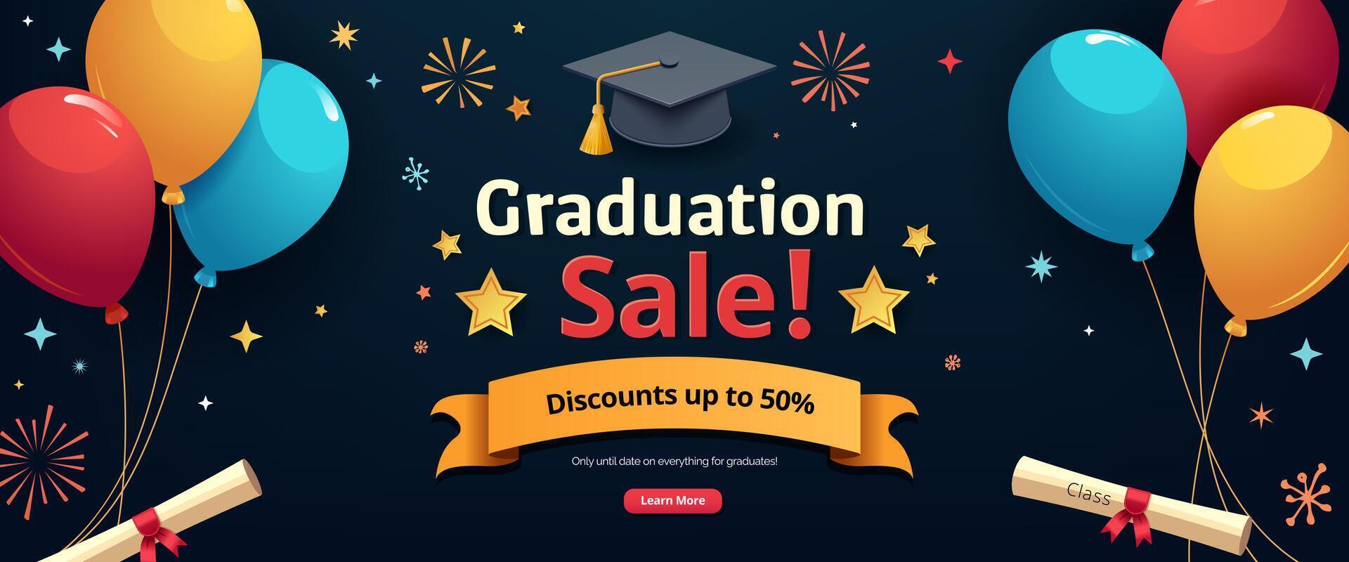 Graduation sale banner with balloons and a graduation cap vector