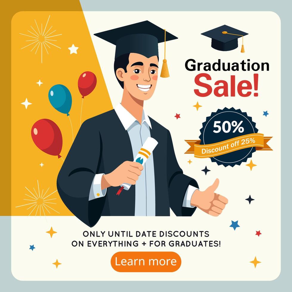 Graduation sale banner with balloons and graduation cap. Banner advertises sale with discounts up to 50 interest vector