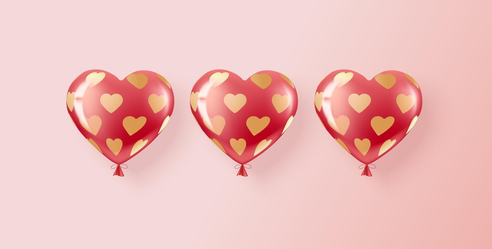 Three red and pink helium balloons in a pattern of golden hearts. vector