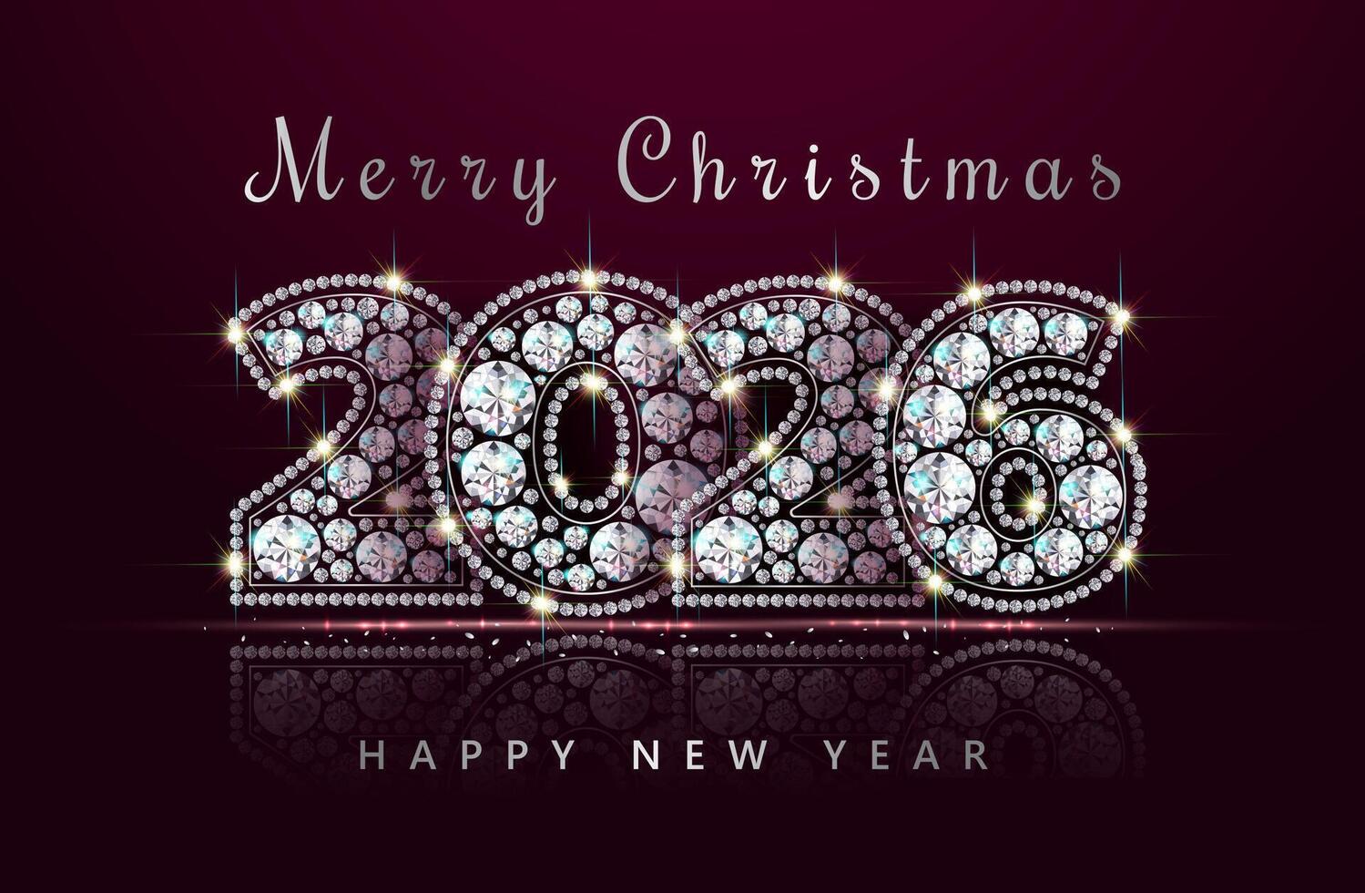 Numbers 2026 New Year and Christmas. Of sparkling, luxurious, precious stones - diamonds. Festive banner with glitter. Realistic style. Red background. Illustration. vector