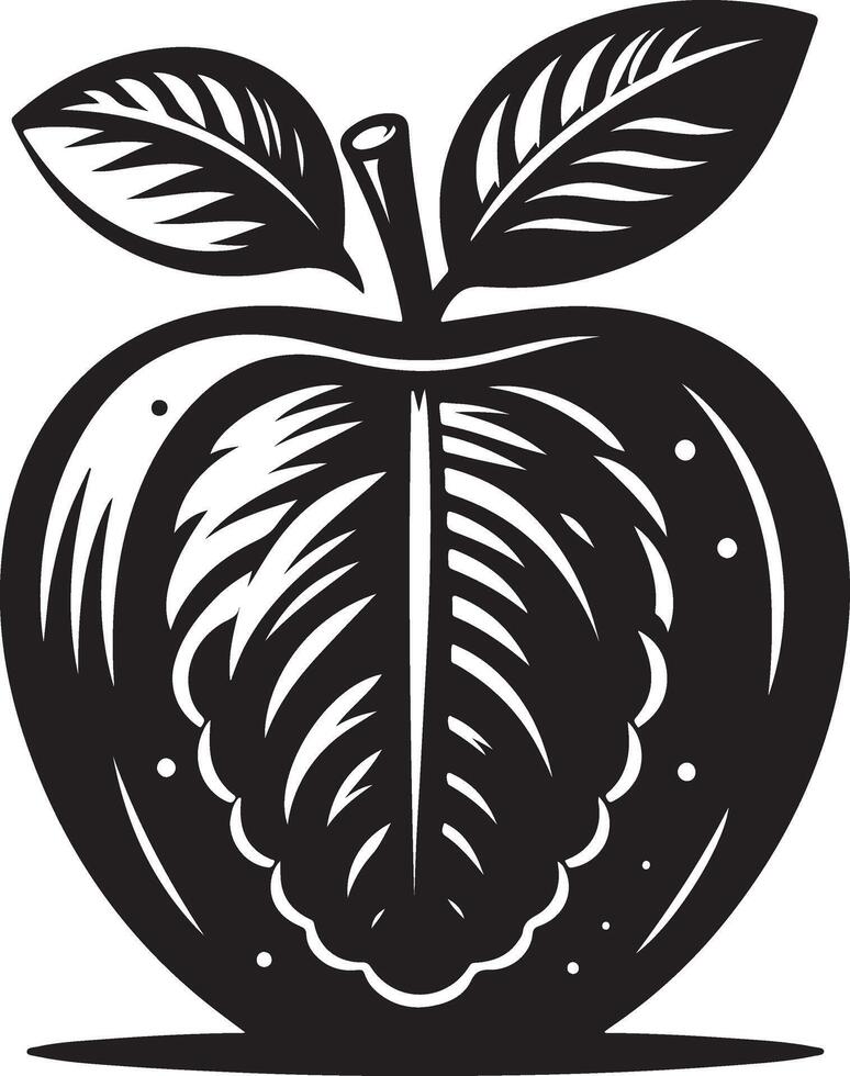 A black and white illustration of an apple with leaves vector