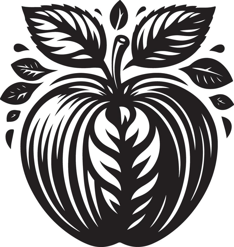 An apple with leaves and leaves is shown in a black and white drawing vector